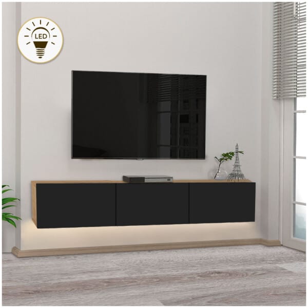 Έπιπλο τηλεόρασης επιτοίχιο Damla  με LED χρώμα sapphire oak - μαύρο 180x29,5x29,5εκ. - Image 1