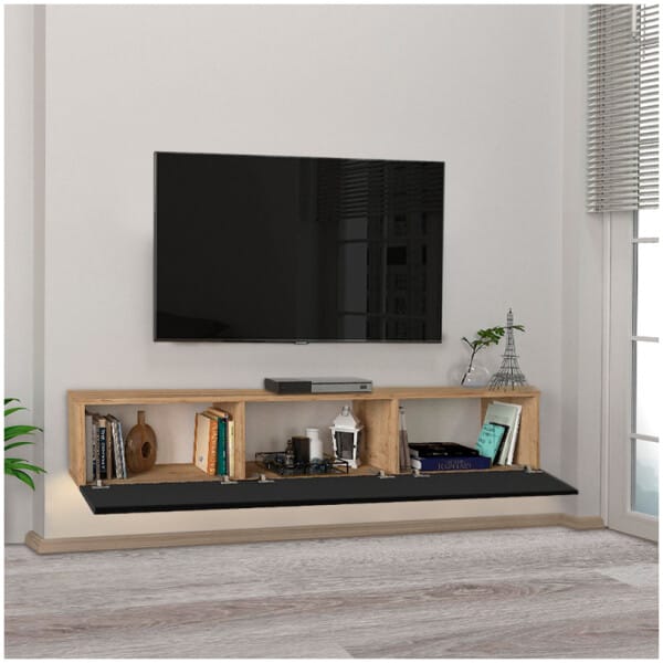 Έπιπλο τηλεόρασης επιτοίχιο Damla  με LED χρώμα sapphire oak - μαύρο 180x29,5x29,5εκ. - Image 2