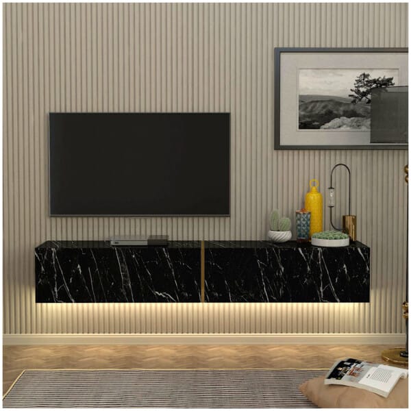 Έπιπλο τηλεόρασης επιτοίχιο Figure  με LED χρώμα μαύρο εφέ μαρμάρου 181,8x31,7x30εκ. - Image 3