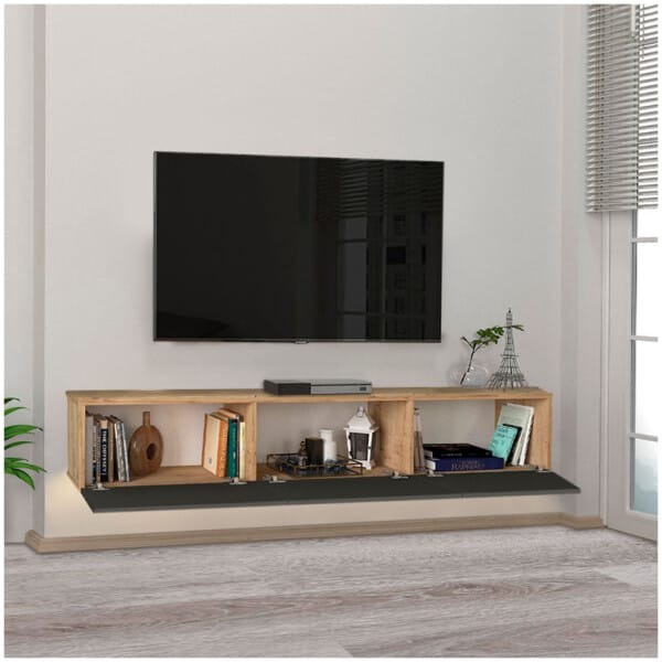 Έπιπλο τηλεόρασης επιτοίχιο Damla  με LED χρώμα sapphire oak - ανθρακί 180x29,5x29,5εκ. - Image 4