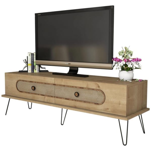 ΕΠΙΠΛΟ ΤΗΛΕΟΡΑΣΗΣ HM9511.02 ΜΕΛΑΜΙΝΗΣ ΦΥΣΙΚΟ OAK ΧΡΩΜΑ ΜΕΤΑΛΛΙΚΑ ΠΟΔΙΑ 145x40x45Yεκ. - Image 1