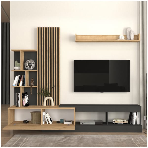 Σύνθεση τηλεόρασης Vermont  χρώμα ανθρακί - sepet oak 240x40x192εκ. - Image 2
