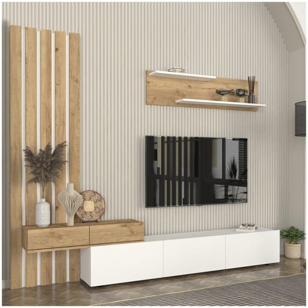 Σύνθεση τηλεόρασης Rosaline  χρώμα λευκό - sepet oak 233x31,3x196,8εκ. - Image 3