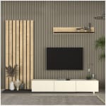 Σύνθεση τηλεόρασης Nagini  χρώμα ivory - sapphire oak - ανθρακί 260x39,4x203,6εκ.