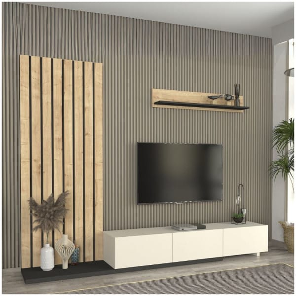 Σύνθεση τηλεόρασης Nagini  χρώμα ivory - sapphire oak - ανθρακί 260x39,4x203,6εκ. - Image 3
