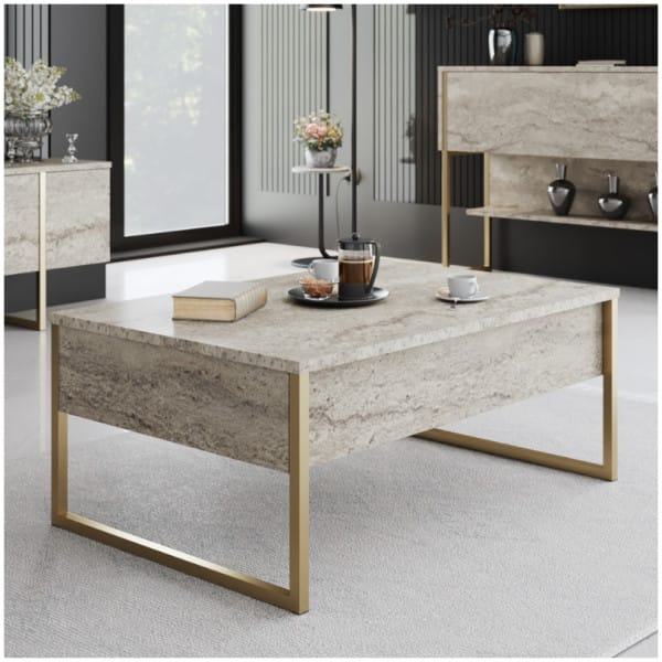 Τραπεζάκι σαλονιού Luxe  χρώμα travertine - χρυσό 90x60x40εκ. - Image 4