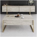 Τραπεζάκι σαλονιού Luxe  χρώμα travertine - χρυσό 90x60x40εκ. - Image 5