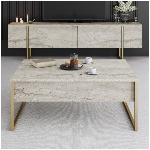Τραπεζάκι σαλονιού Luxe  χρώμα travertine - χρυσό 90x60x40εκ. - Image 5