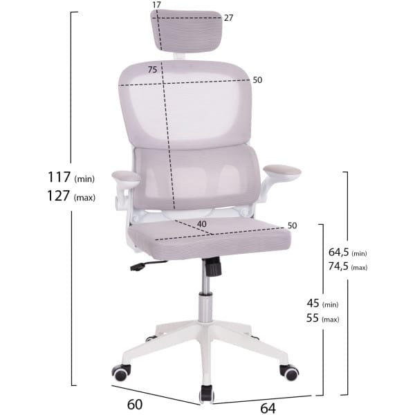 ΚΑΡΕΚΛΑ ΓΡΑΦΕΙΟΥ BASTON HM18236.03 ΓΚΡΙ MESH & ΛΕΥΚΟΣ PP ΣΚΕΛΕΤΟΣ 64x60x127Υεκ. - Image 2