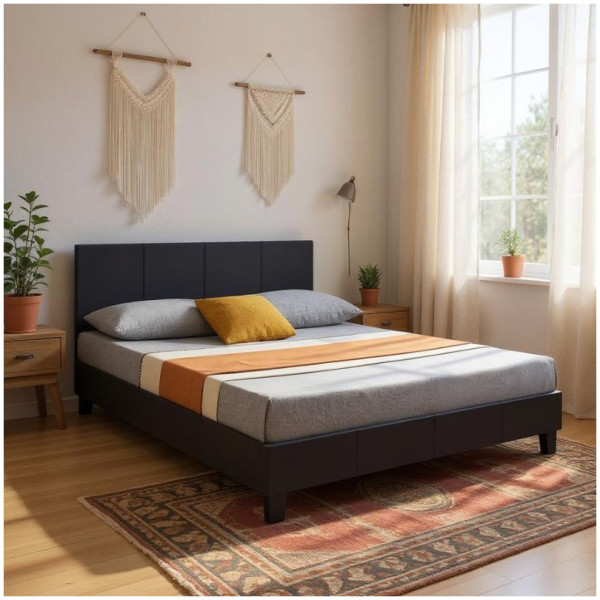 Κρεβάτι Flat  από τεχνόδερμα χρώμα μαύρο ματ 150x200εκ. - Image 2