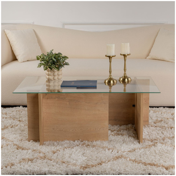 Τραπεζάκι σαλονιού Vetrino  γυάλινο χρώμα honey oak 105x65x40εκ. - Image 3
