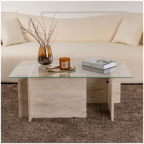 Τραπεζάκι σαλονιού Vetrino  γυάλινο χρώμα travertine 105x65x40εκ. - Image 3