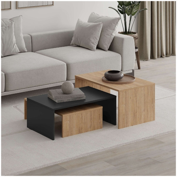 Τραπεζάκι σαλονιού σετ 3 τμχ. Kanta  χρώμα sapphire oak - silky black 80x50x40,5εκ.