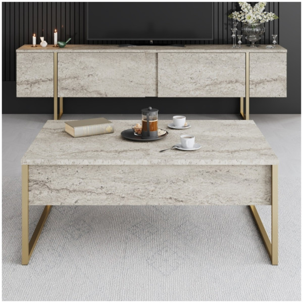 Τραπεζάκι σαλονιού Luxe  χρώμα travertine - χρυσό 90x60x40εκ. - Image 3