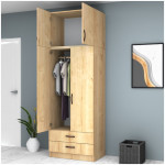 Ντουλάπα ρούχων Ricardo  δίφυλλη με πατάρι και συρτάρια χρώμα φυσικό οξιάς 80x51,8x240εκ. - Image 2