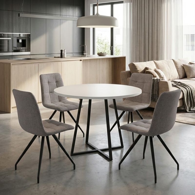 Σετ τραπεζαρία 5τμχ Rubes - Bianca  χρώμα λευκό - ανοιχτό μπεζ Ø100x78εκ.