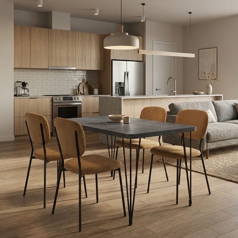 Σετ τραπεζαρία 5τμχ Roger - Kevin  Mdf - ύφασμα χρώμα σκούρο γκρι σκυροδέματος - μουσταρδί 120x70x75εκ.