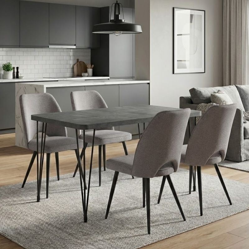 Σετ τραπεζαρία 5τμχ Roger - Christy  Mdf - ύφασμα χρώμα σκούρο γκρι σκυροδέματος - ανοιχτό μπεζ 120x70x75εκ.