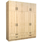 Ντουλάπα ρούχων Victoria  τετράφυλλη με πατάρι και συρτάρια χρώμα φυσικό οξιάς 200x60x240εκ.