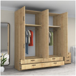 Ντουλάπα ρούχων Victoria  τετράφυλλη με πατάρι και συρτάρια χρώμα φυσικό οξιάς 200x60x240εκ. - Image 2