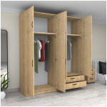 Ντουλάπα ρούχων Victoria  τετράφυλλη με πατάρι και συρτάρια χρώμα φυσικό οξιάς 200x60x240εκ. - Image 2