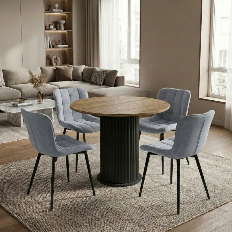 Σετ τραπεζαρία 5τμχ Bohema - Chiara  χρώμα μαύρο/sepet oak - γκρι Ø90x77,7εκ.